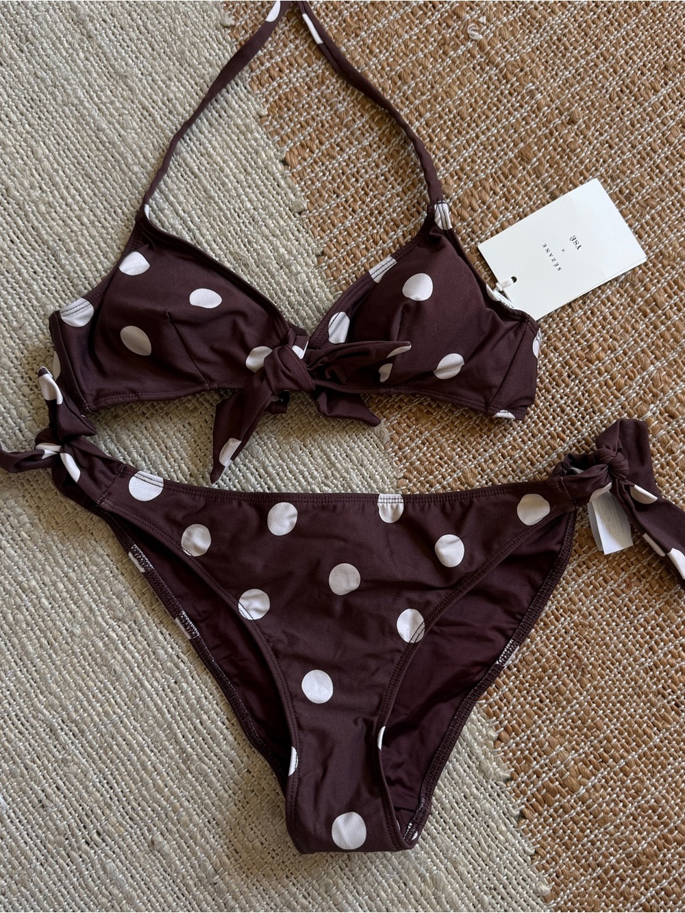 NEW Sezane Polka Dot Tie-Front Bikini Set in Chocolate Brown